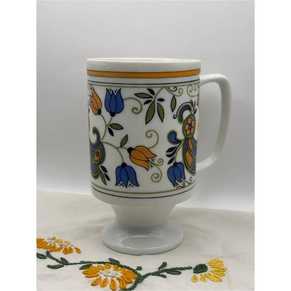 Vintage 1970s Pedestal Mug with Floral Design, Blue and Orange Coffee Cup